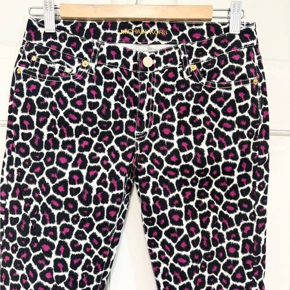 Michael Kors Skinny Jeans Leopard Print Denim Hot Pink/White Gold Accents Size 2 - Picture 2 of 9